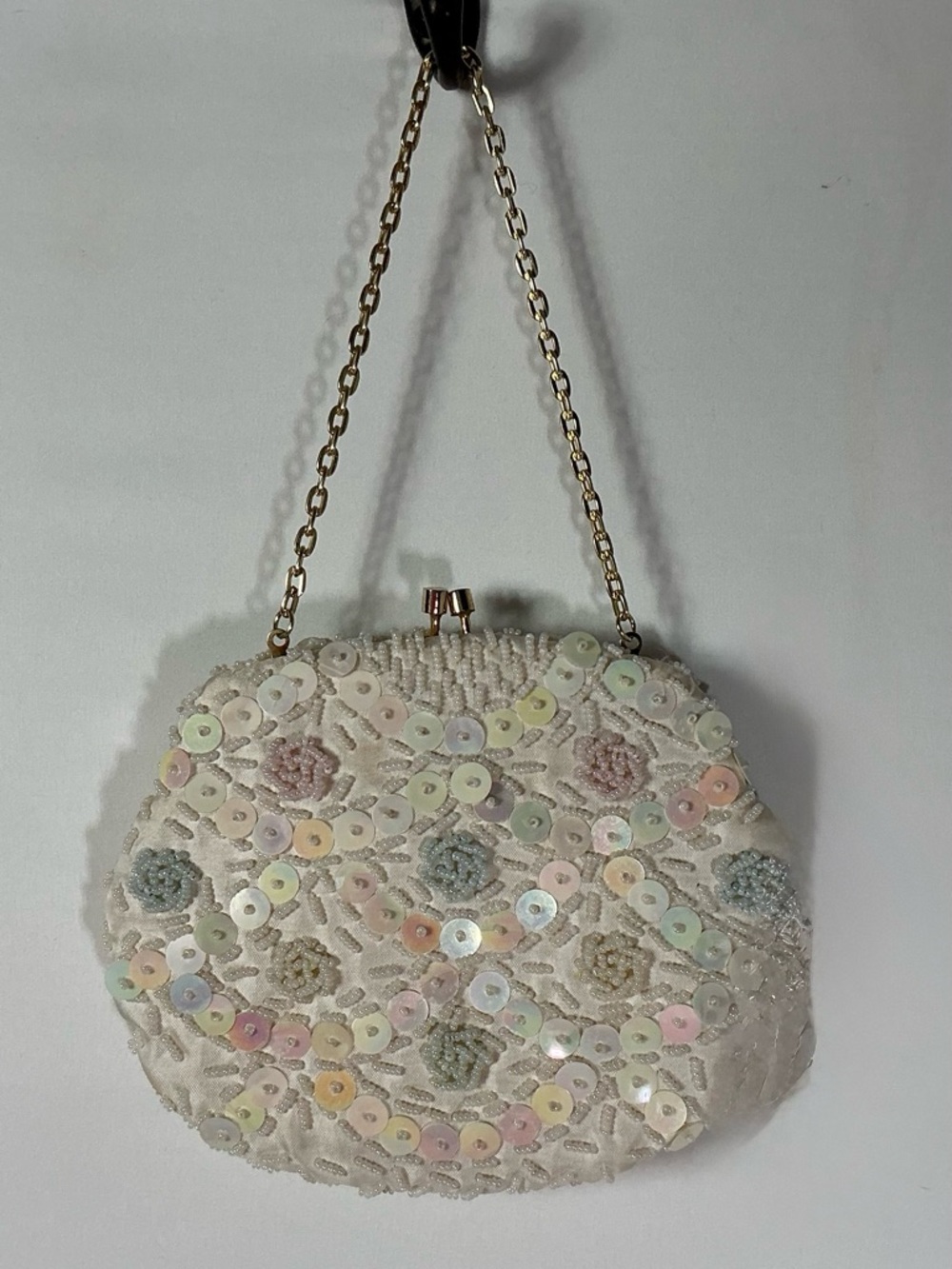 Vintage Ivory Beaded Sequin Clutch with Gold Chain
